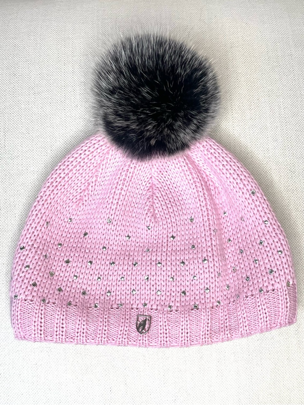Toni Sailer Women’s Pink Knit Fur Pom Pom Beanie Rhinestone & Swarovski Crystals